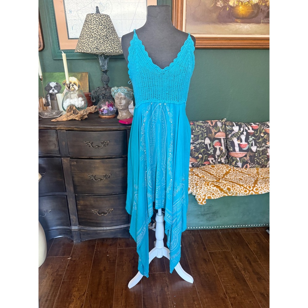 Metro 22 Turquoise Crochet Handkerchief Hem Boho Midi Dress Large Sequin Paisley